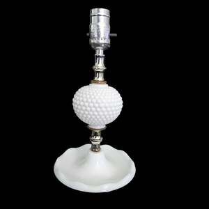 Vintage White Milk Glass Hobnail Table Lamp Ruffled Base Chrome Accent Working